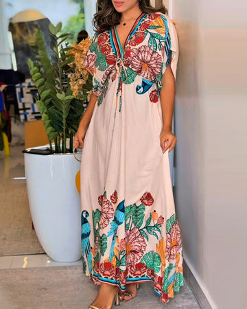 Tropical Print V Neck Short Sleeve Tied Detail Jumpsuit